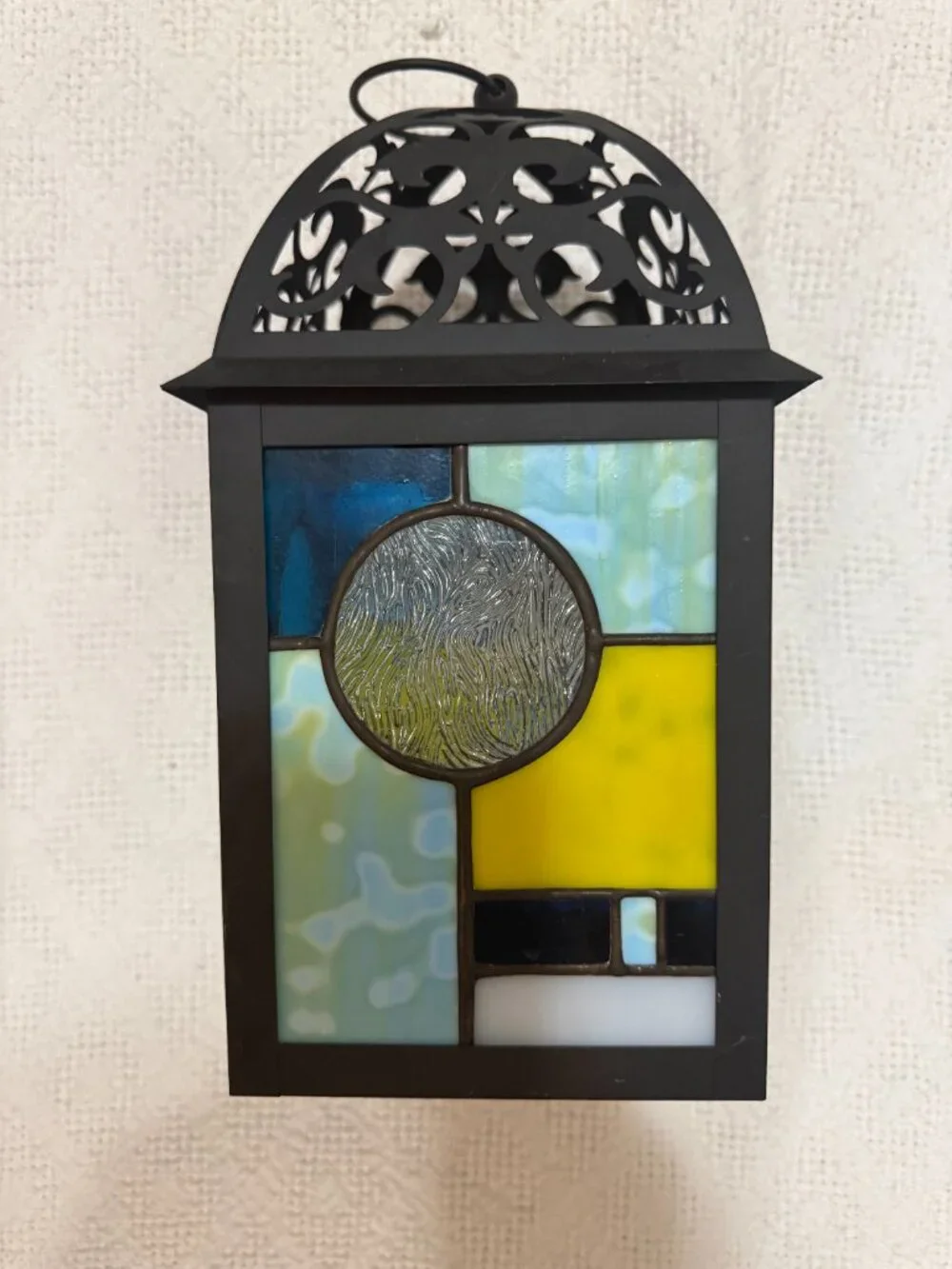 Tiffany-Style Stained Glass Black Metal Hanging Candle Lantern